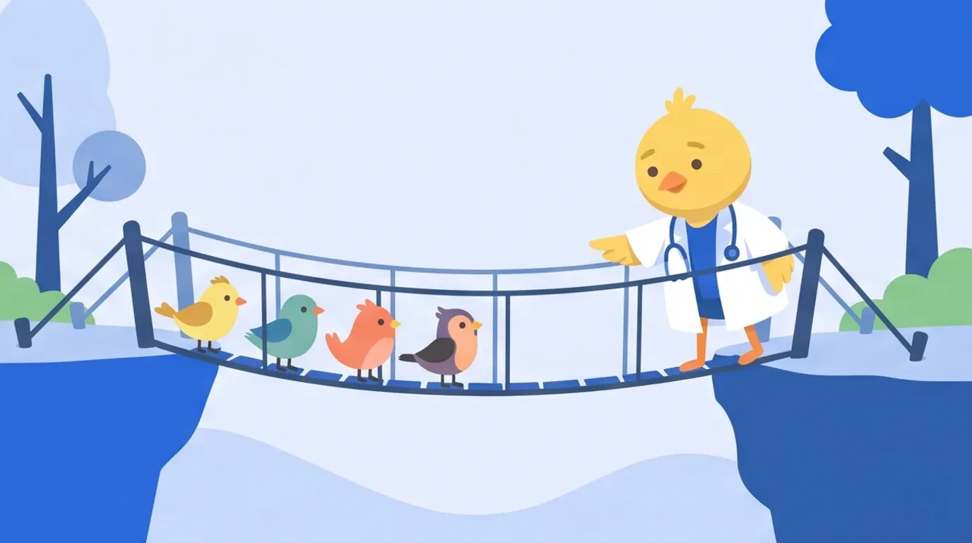 In front of a narrow suspension bridge, a chick doctor gently holds back, with its wing, the birds of different colors trying to follow behind it