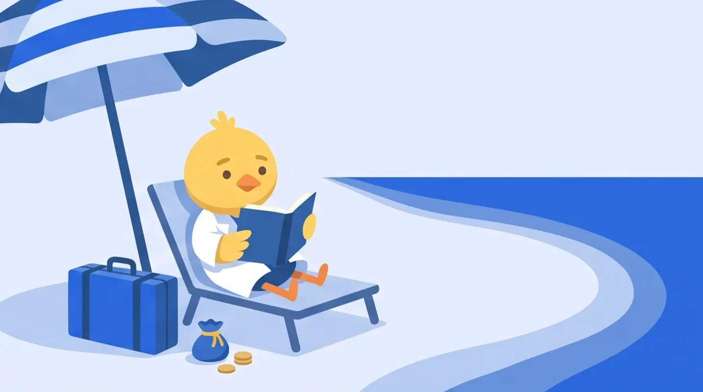 Under a parasol on an uncrowded weekday beach, a chick doctor relaxes with a medical textbook open, a suitcase and a small bag of gold coins beside it