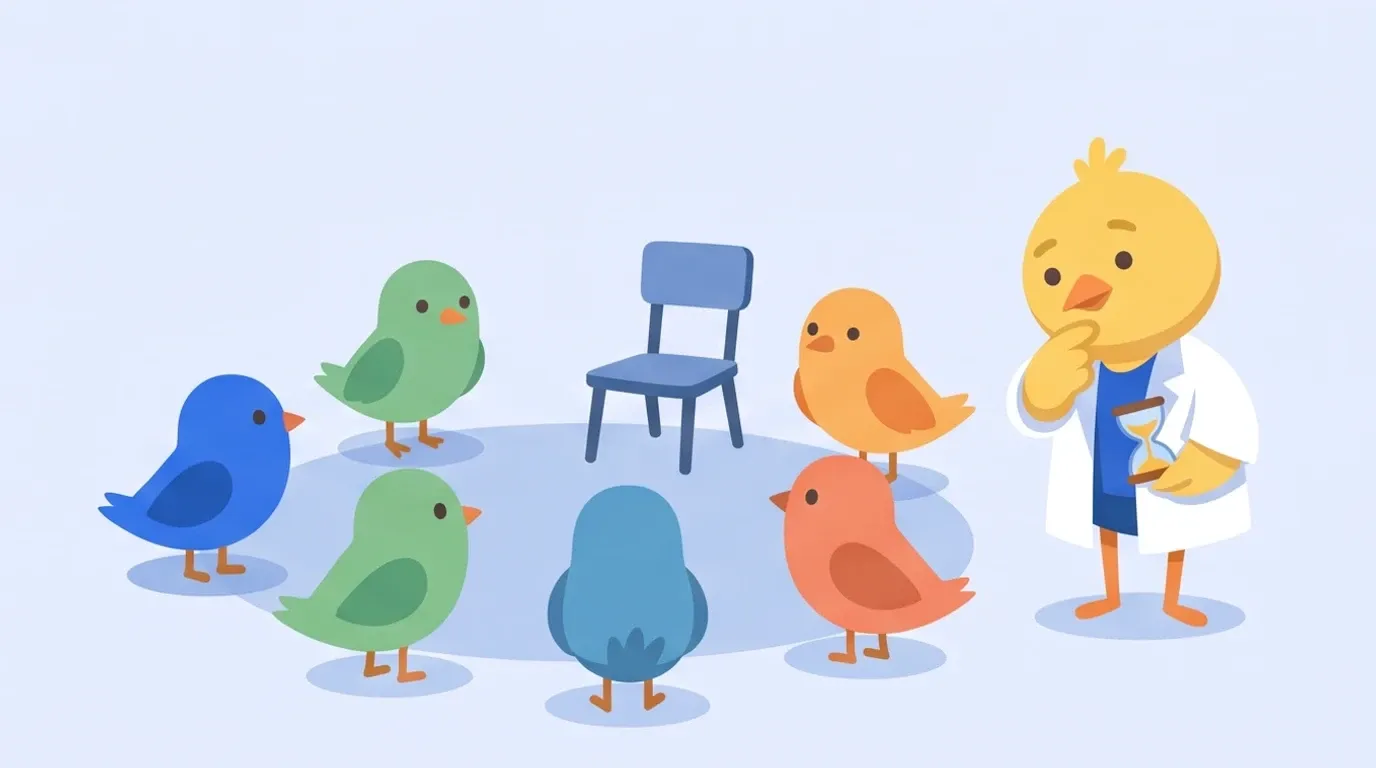 Birds of different colors gather around a circle with only one chair left, while a chick doctor stands a little apart, holding an hourglass and tilting its head