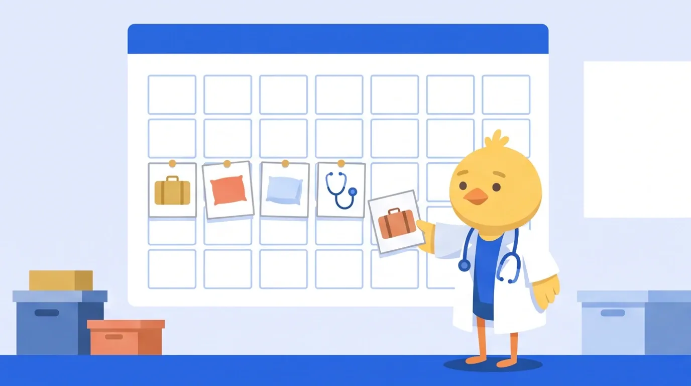 In front of a large wall calendar, a chick doctor is pinning up picture cards of a suitcase, a pillow, and a stethoscope in order, two weeks each