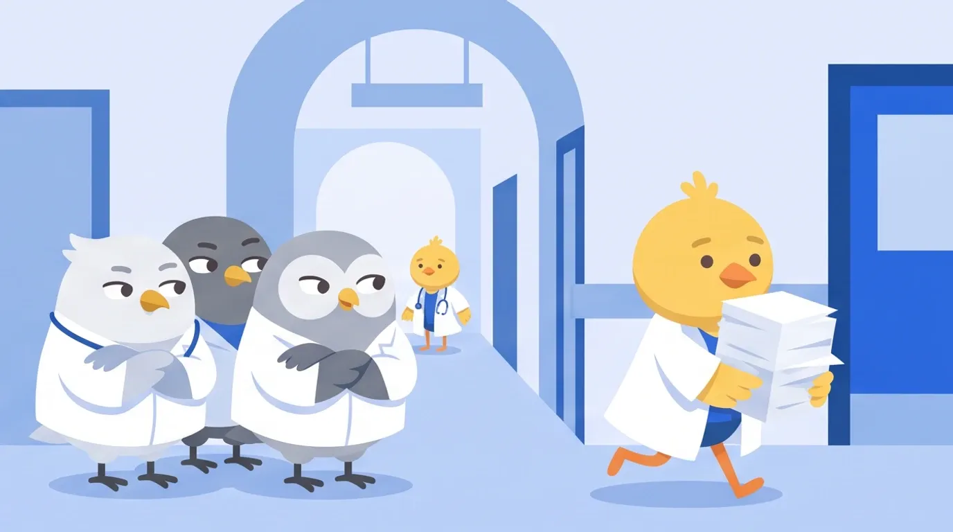 In a bright hospital corridor, owls in white coats with folded arms glance sideways at a chick doctor passing by with an armful of papers