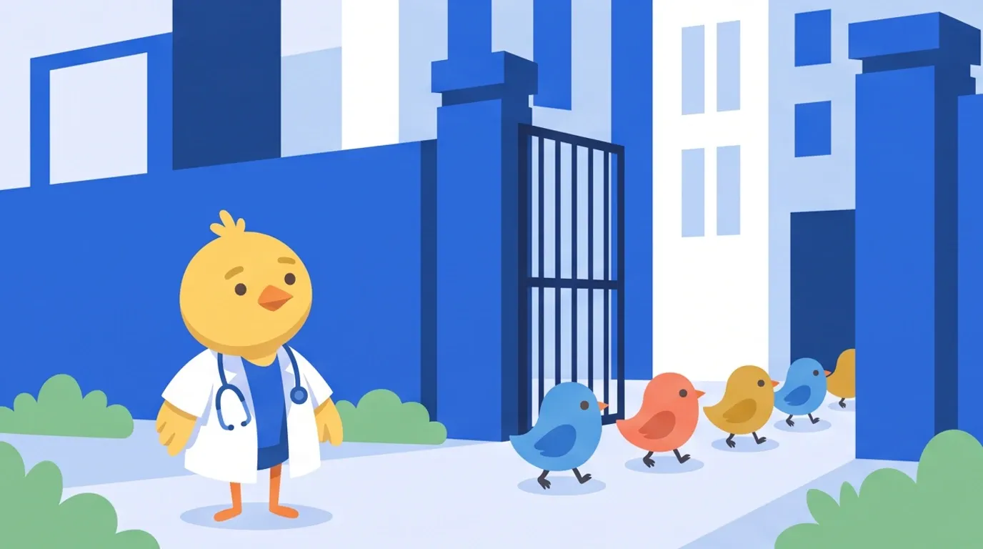 In front of the gate of a large, impressive hospital, a chick doctor looks up from a little distance at a line of birds of different colors going inside