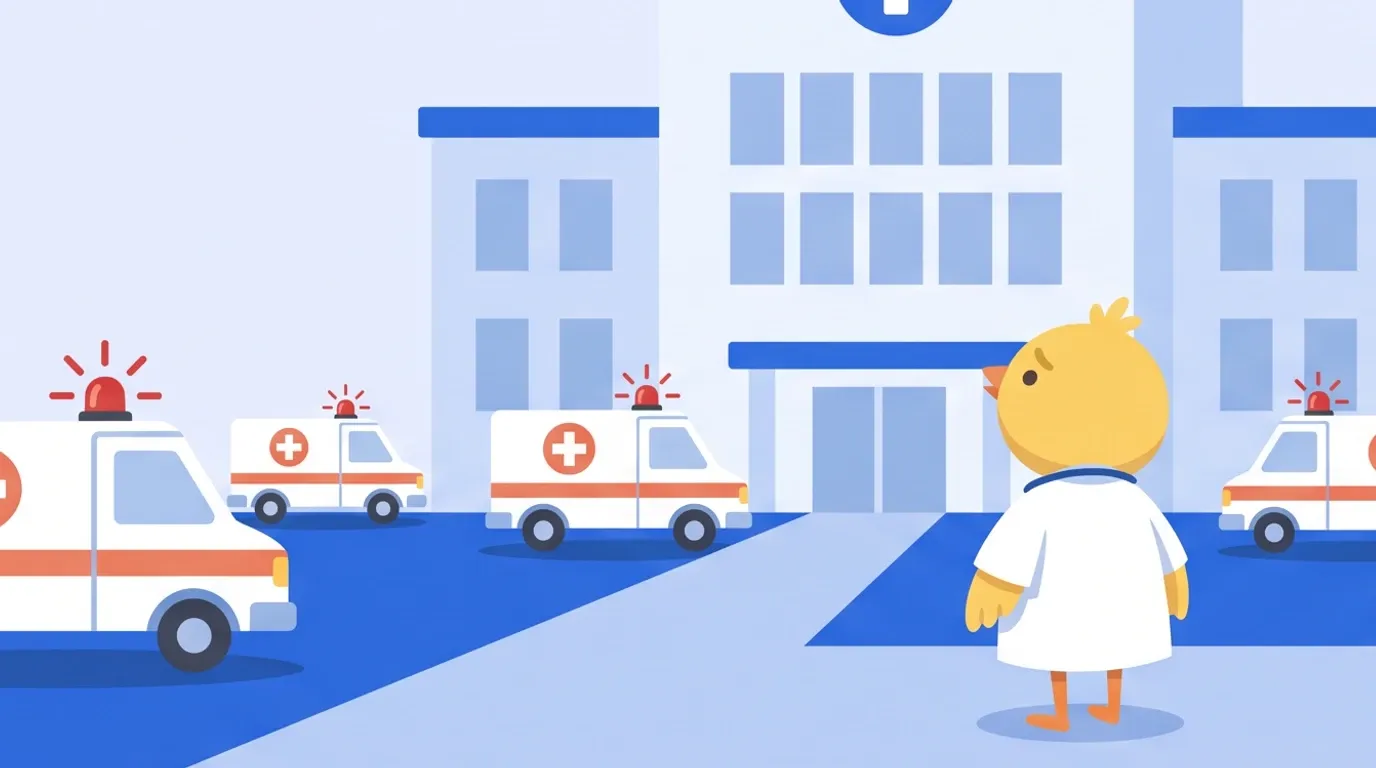 In front of a large hospital where ambulances with red flashing lights arrive one after another, a chick doctor stops, looks up at the entrance, and shakes its head