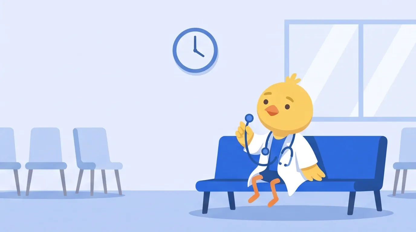 In an empty daytime waiting room, a chick doctor sits alone on a bench, twirling a stethoscope with its fingers and looking up at the clock on the wall