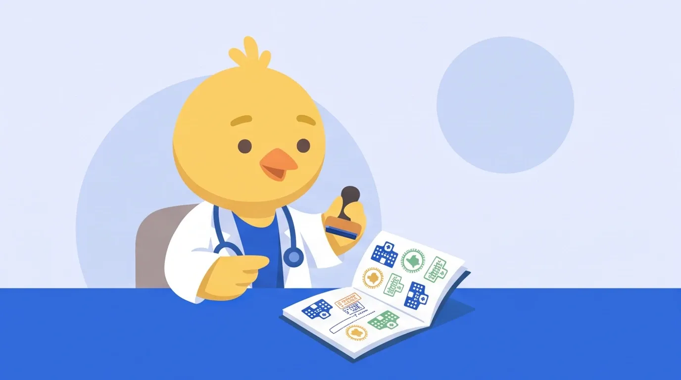 A chick doctor stamps a small notebook with stamps shaped like small hospitals from around the country, looking pleased at the pages filled with them