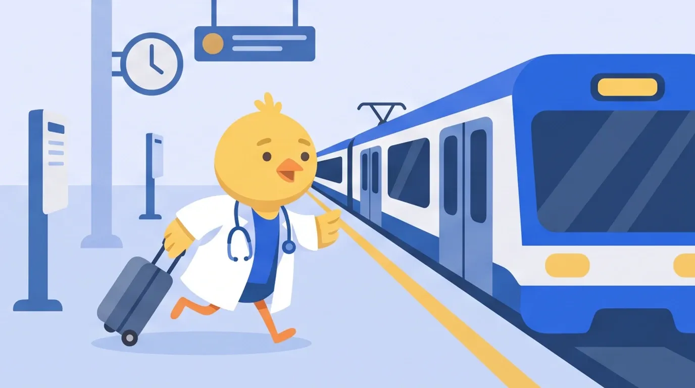 On a station platform with the departure bell ringing, a chick doctor pulls a suitcase and hurries to jump onto a train whose doors are about to close