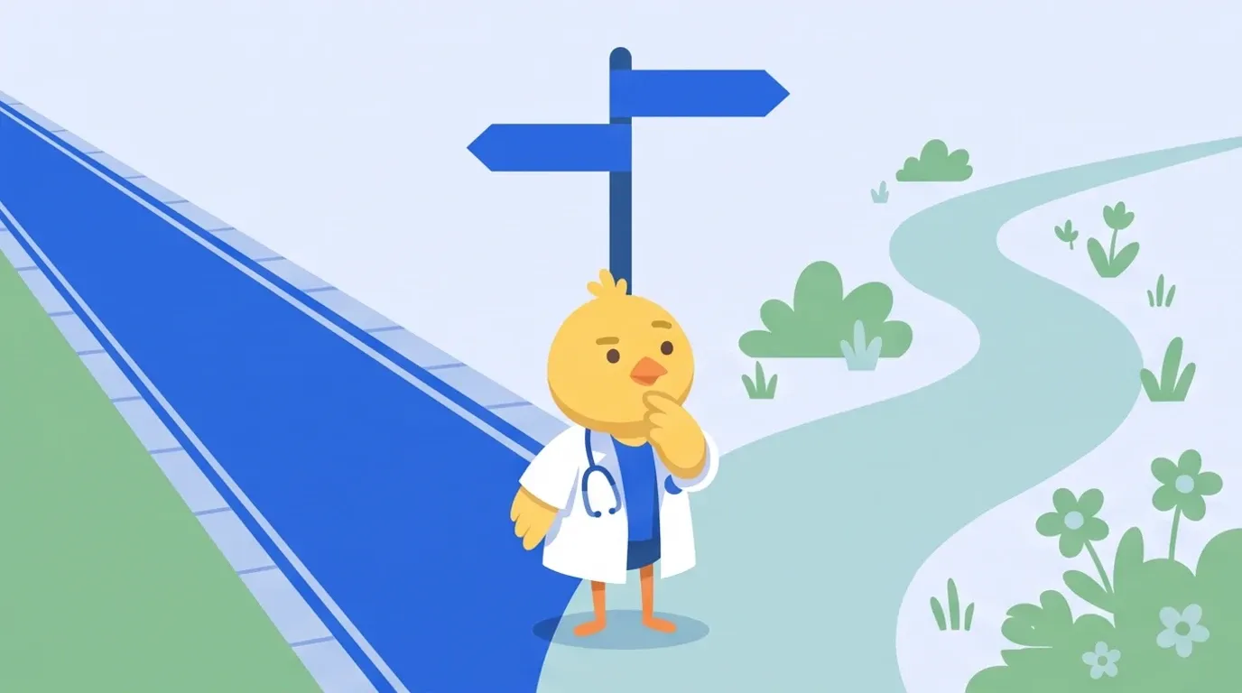 At a fork in the road, a chick doctor compares a wide, well-paved main road with a narrow path overgrown with grass and flowers, wondering which way to go