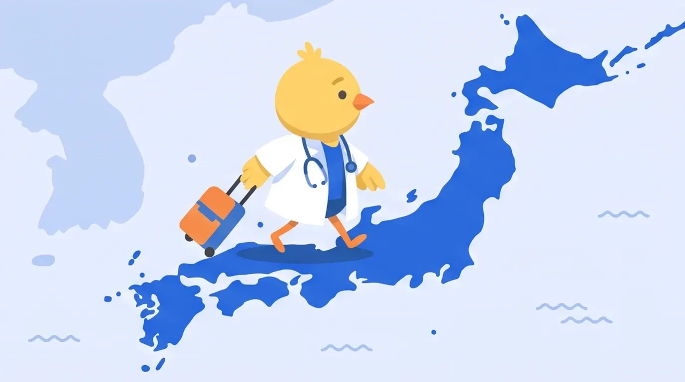 A chick doctor walks lightly from north to south across a large map shaped like the Japanese archipelago, pulling a suitcase