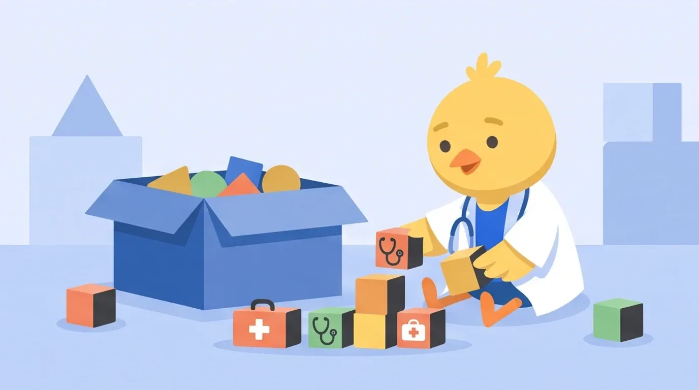 A chick doctor takes blocks shaped like a stethoscope and an emergency bag out of a large assorted box and rearranges them in its own order