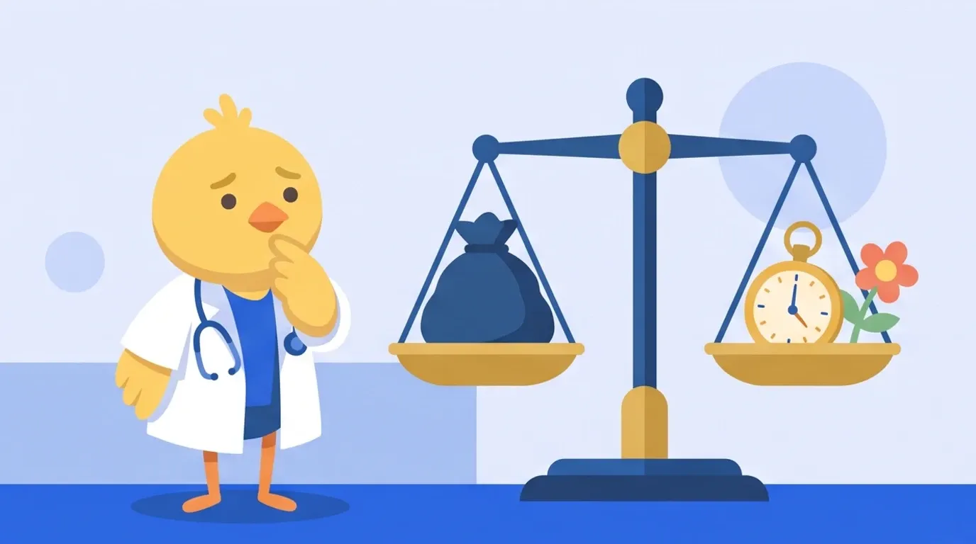A chick doctor places heavy work baggage on one side of a large balance scale and a pocket watch and a small flower on the other, comparing them intently