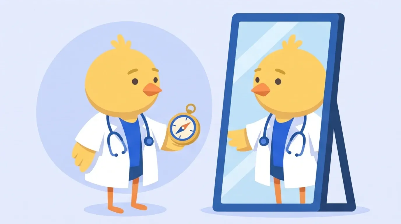 A chick doctor stands in front of a large full-length mirror, holding a compass in one wing and carefully examining its reflection