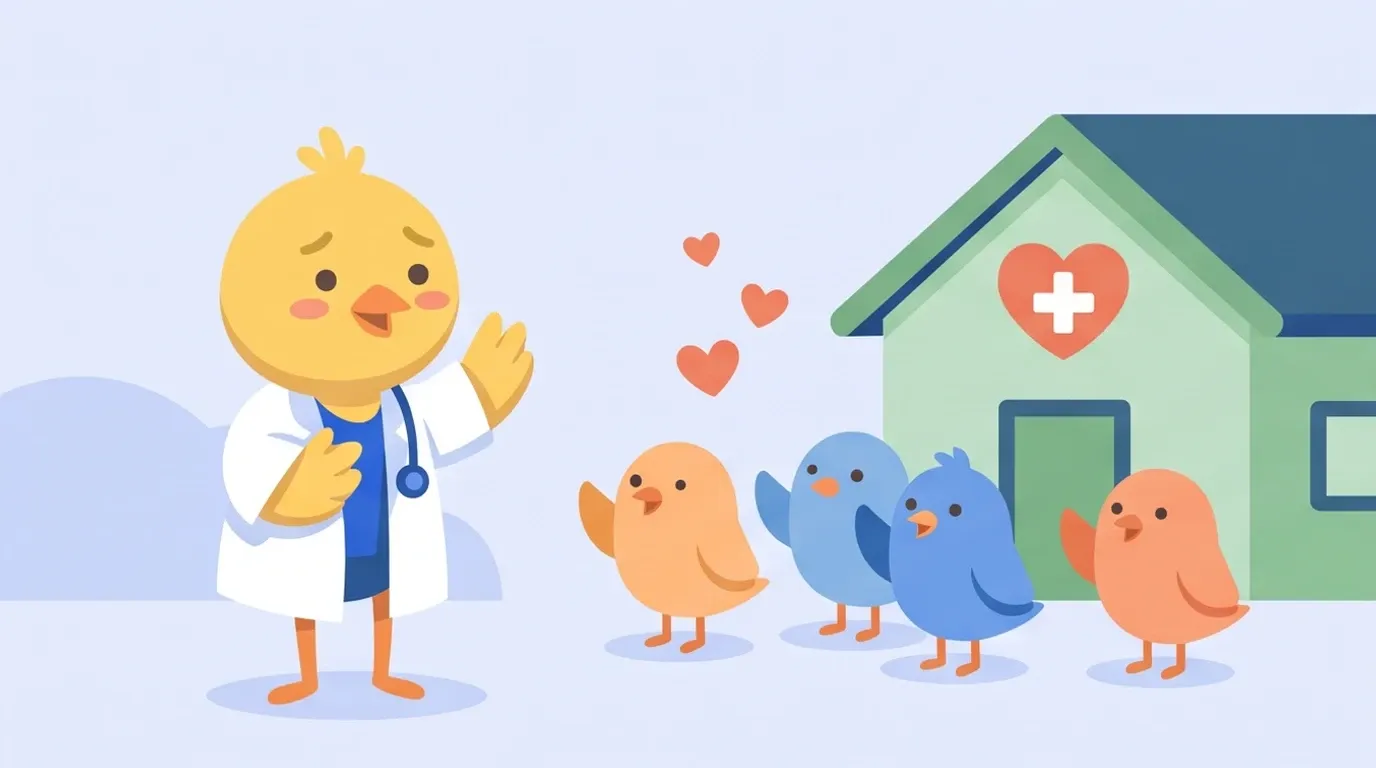 In front of a small hospital in a peaceful countryside, birds of different colors welcome the chick doctor with floating hearts, and the chick doctor waves a wing a little shyly