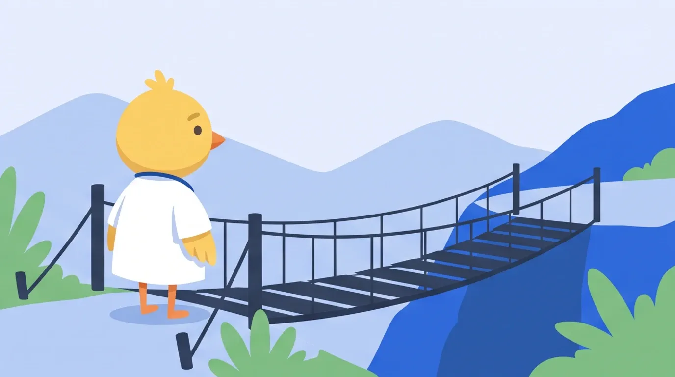 On the far side of a narrow suspension bridge, a chick doctor turns around and looks calmly back at the bridge it crossed and the distant mountains