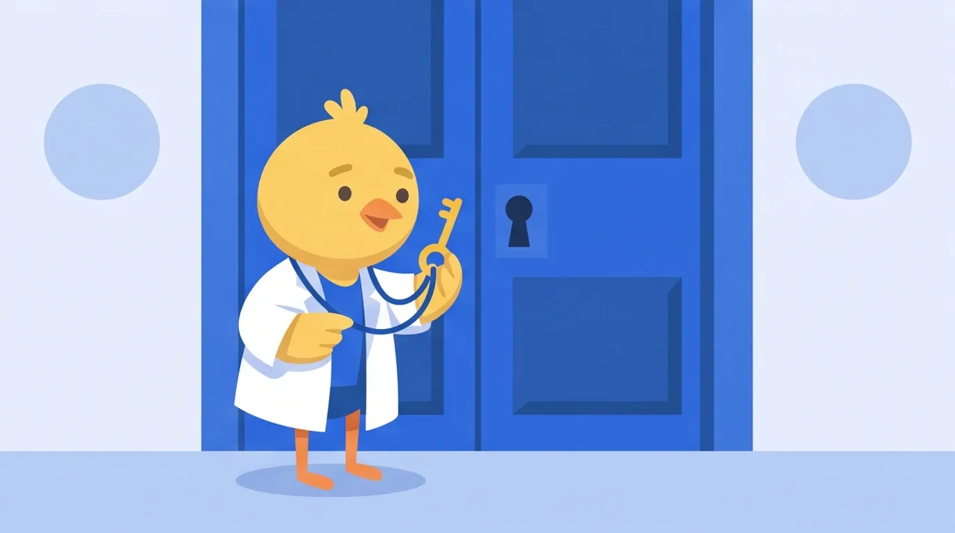 In front of a large door, a chick doctor lifts a key hanging from its neck with one wing and stares at the door's keyhole