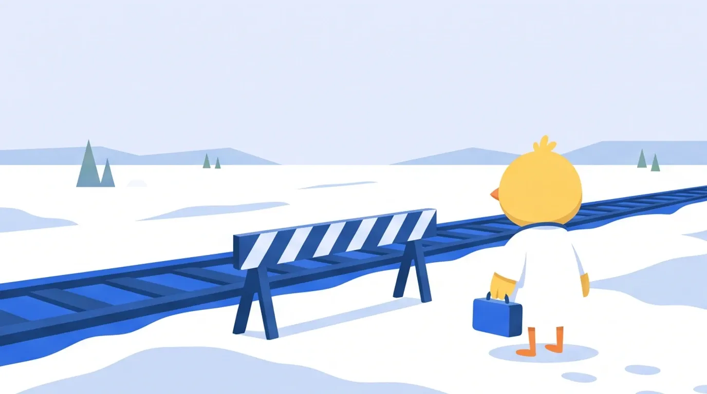 Railway tracks running across a snowfield are blocked by a barrier, and a chick doctor holding a suitcase has stopped and is gazing at the distant horizon