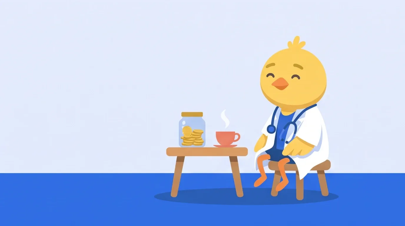 At a small wooden table, a chick doctor relaxes with a satisfied look, a small jar about half full of gold coins and a cup of warm tea in front of it