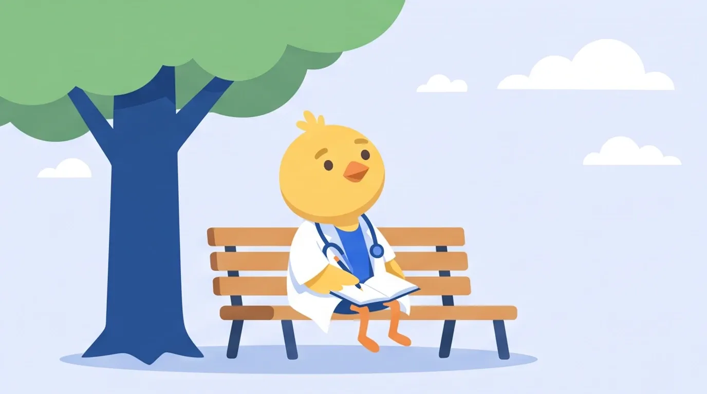 On a bench in the shade of a tree, a chick doctor has a notebook open on its lap, pen paused, leisurely gazing up at clouds drifting across the sky