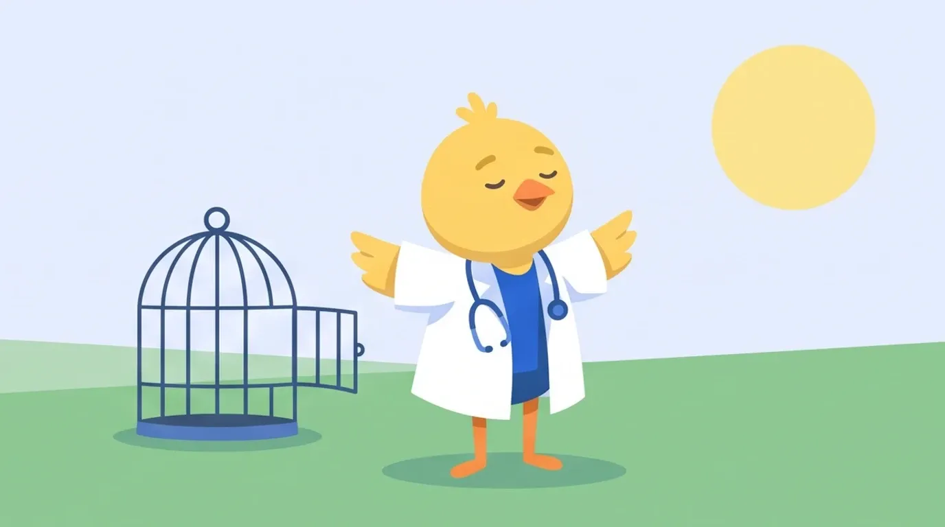 With an open birdcage behind it, a chick doctor spreads its wings wide in a sunny meadow and takes a deep, contented breath