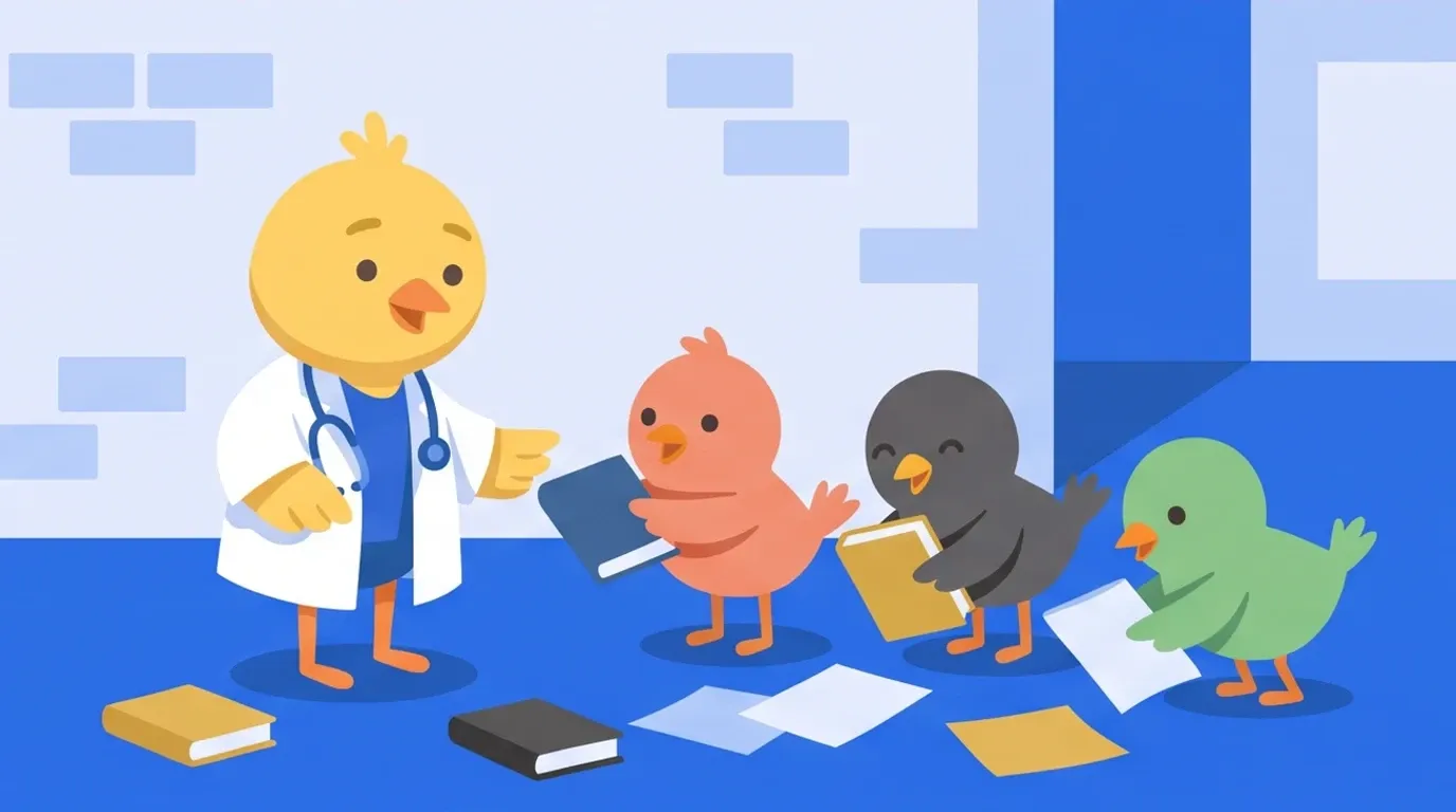 A chick doctor has dropped some books in a hallway, and different-colored little birds passing by are smiling as they gather them up and hand them back