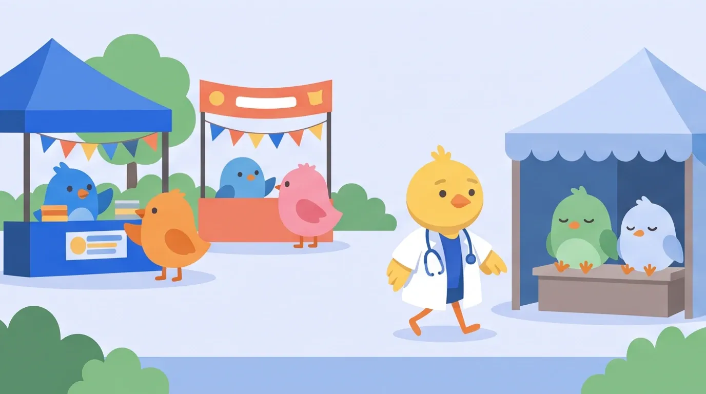 In a courtyard lined with little birds recruiting for clubs, a chick doctor picks out a small tent where mild-mannered little birds have gathered and walks toward it
