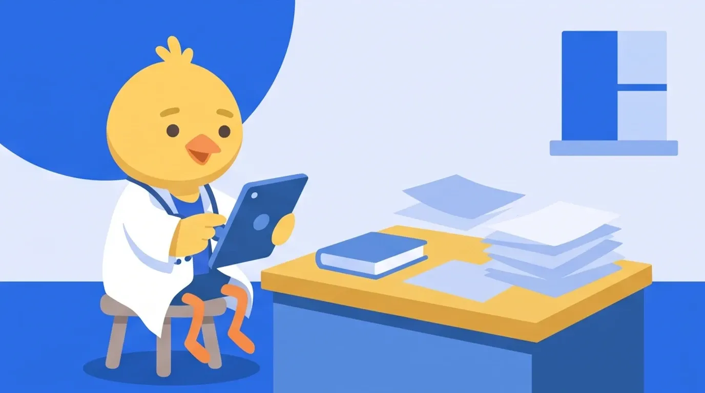 A chick doctor works through question after question on a tablet, with a single thin reference book and a bundle of papers from upperclassmen on the desk