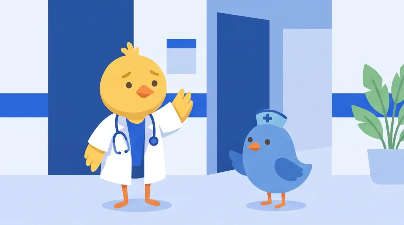 In a hospital hallway, a chick doctor, a little nervous, raises a wing to greet a different-colored little bird nurse
