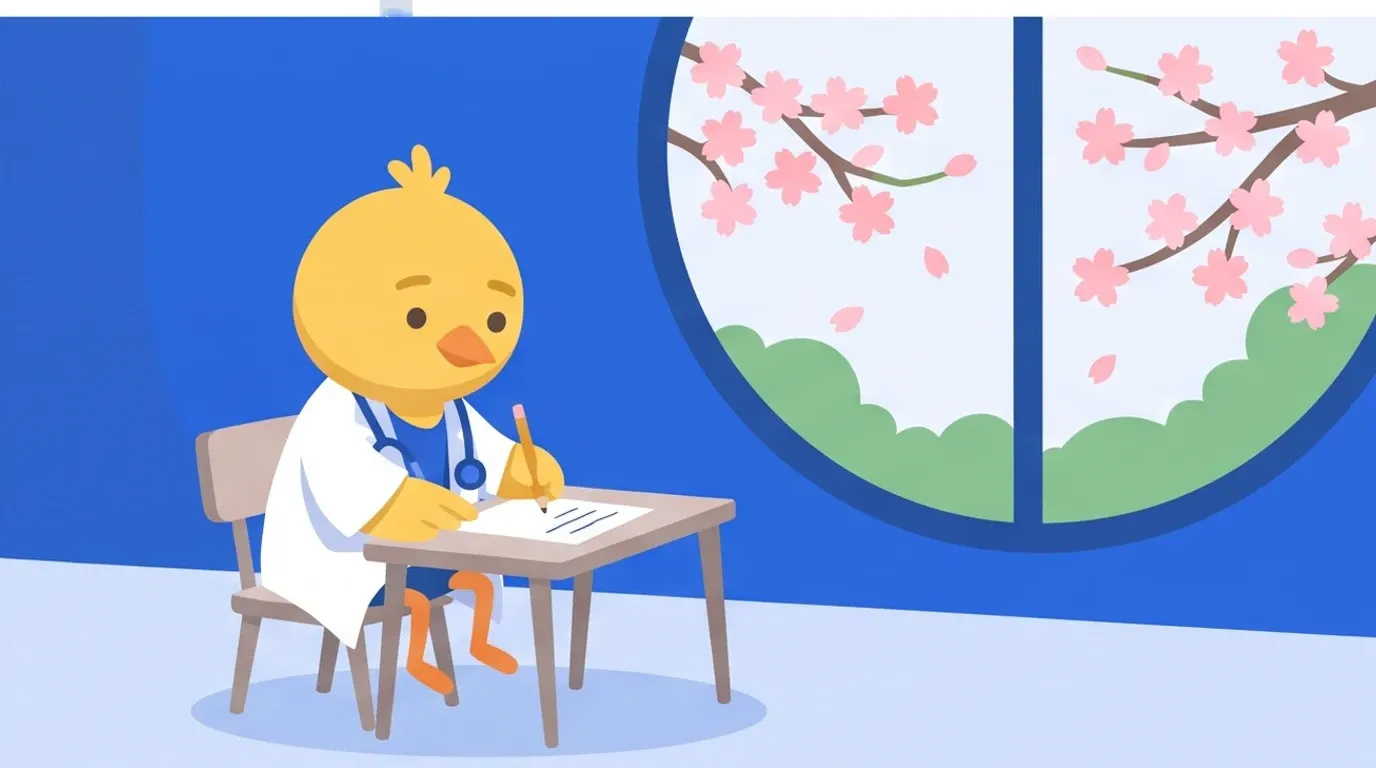 At a desk in an exam hall, a chick doctor calmly moves its pencil alone, while cherry blossoms are starting to bloom outside the window