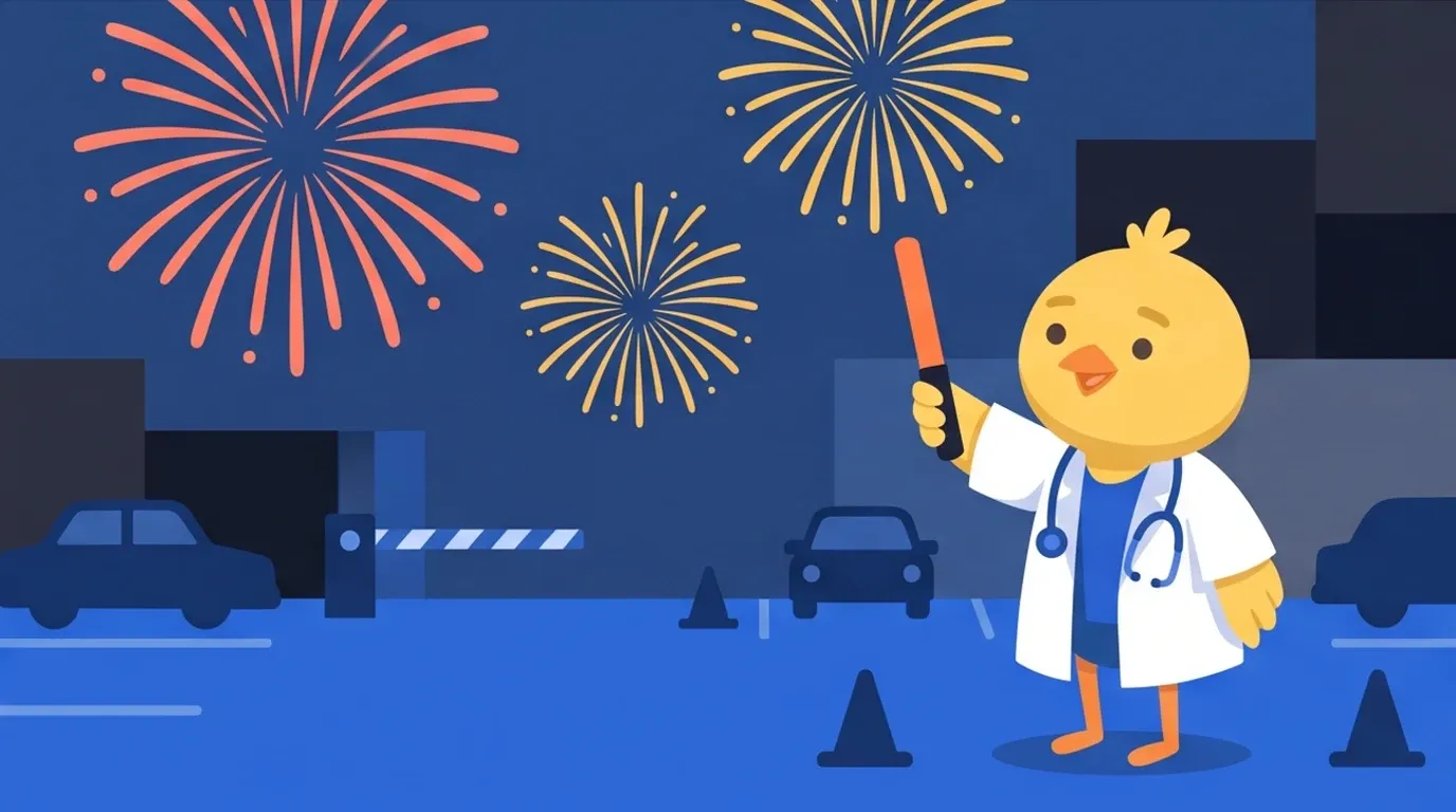 As big fireworks burst in the night sky, a chick doctor waves a traffic baton directing cars in a parking lot, looking up at the sky with a smile