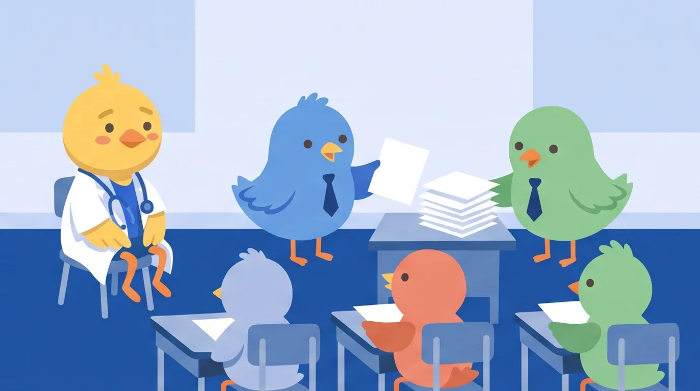 In a classroom, serious different-colored little birds wearing neckties split up the work of handing out materials, while a chick doctor watches admiringly from a back seat