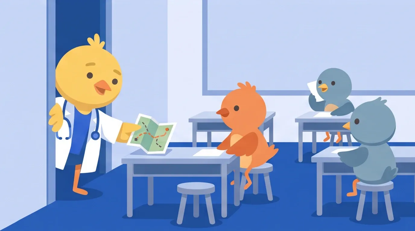 A chick doctor, from behind a classroom door, quietly goes around placing small maps it has picked up on the desks of the different-colored little birds