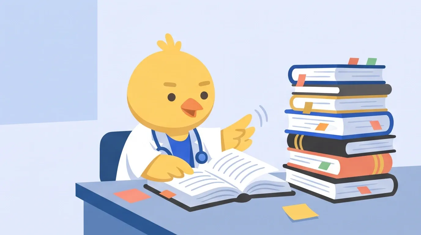 A chick doctor sits before a towering pile of thick textbooks on a desk, skimming through the pages while roughly sticking sticky notes in them