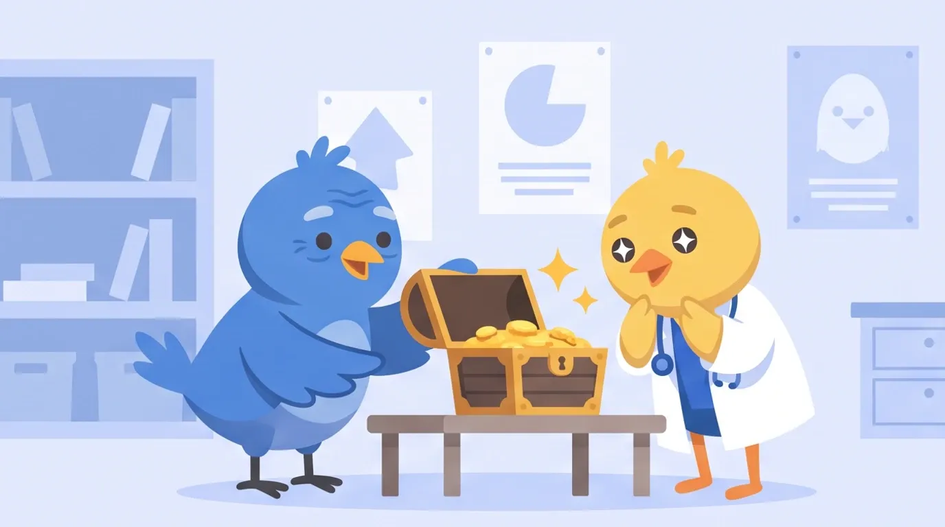 In a club room, an older different-colored little bird opens the lid of an old treasure chest to show it off, and a chick doctor peers in with shining eyes