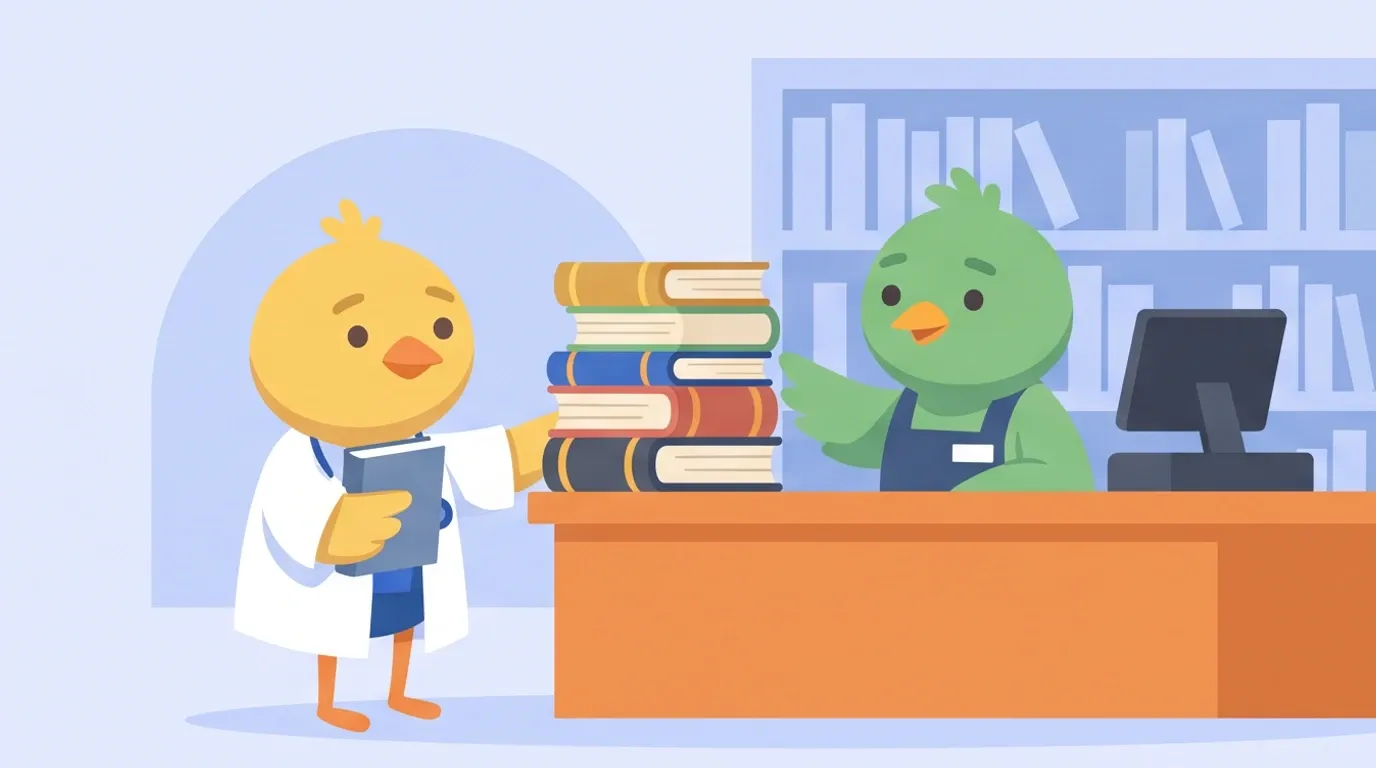 At a bookstore register, a chick doctor hands a pile of expensive, thick specialist books back to the little bird clerk, holding only one book carefully to its chest