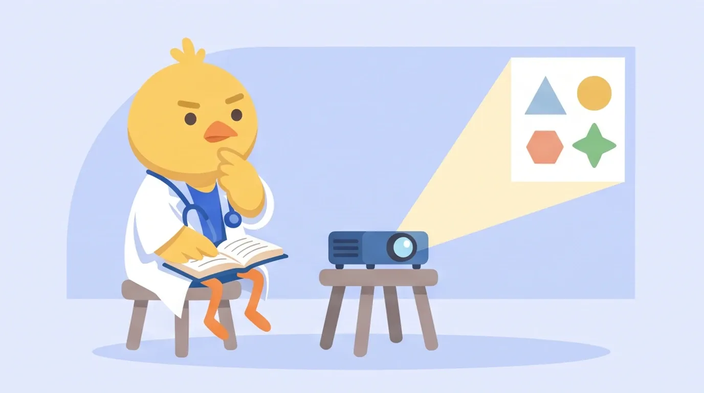 A chick doctor glances back and forth between the light a small projector casts on the wall and a thin book on its lap, considering which suits it better