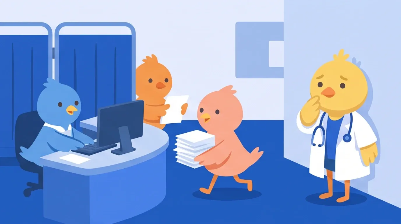 In a corner of the nurses' station, beside busy different-colored little birds at work, a chick doctor stands around awkwardly, unsure what to do with itself