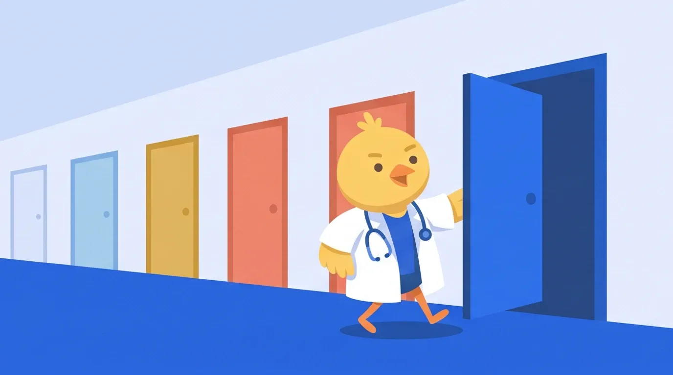 In a long hallway lined with doors of different colors, a chick doctor boldly opens the next door and steps forward with its chest out