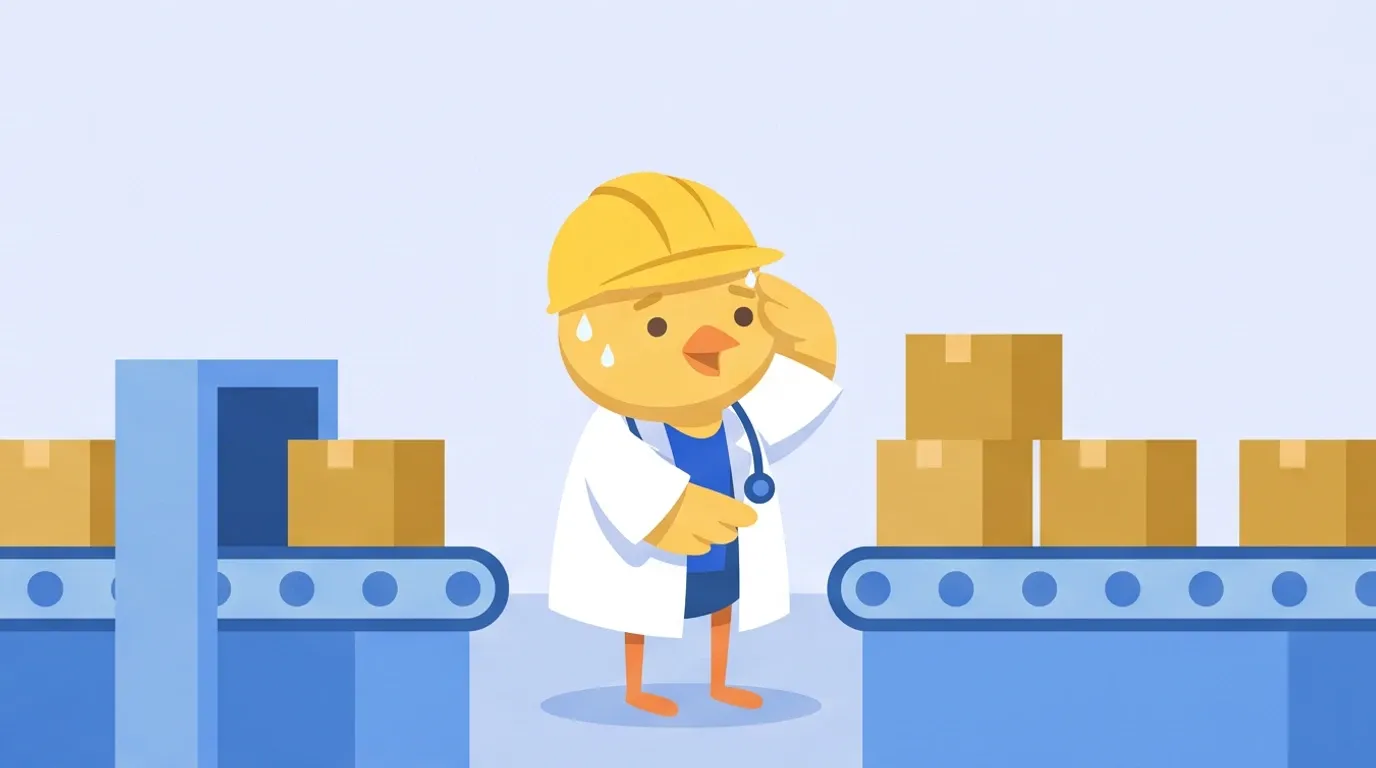 In a factory with a running conveyor belt, a chick doctor in a hard hat quickly stacks boxes and wipes the sweat from its brow