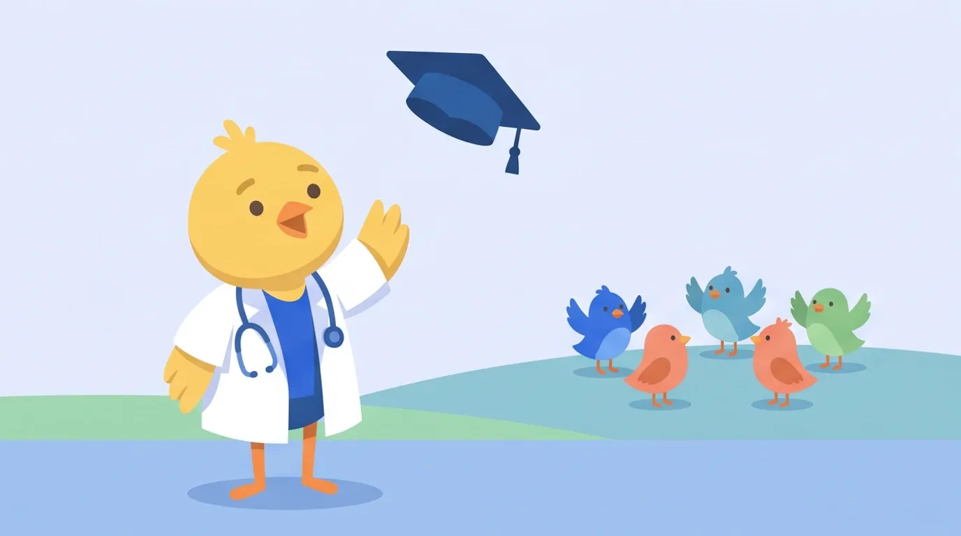 A chick doctor tosses its graduation cap into the sky alone, while in the distance a circle of different-colored little birds waves to it