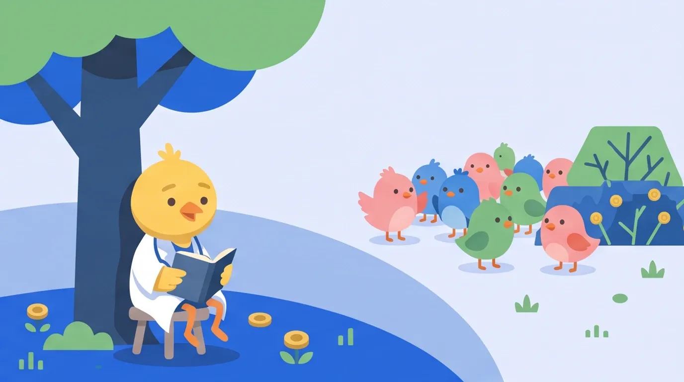 A short distance from a lively group of different-colored little birds, a chick doctor sits alone in the shade of a tree with a textbook open, relaxing contentedly