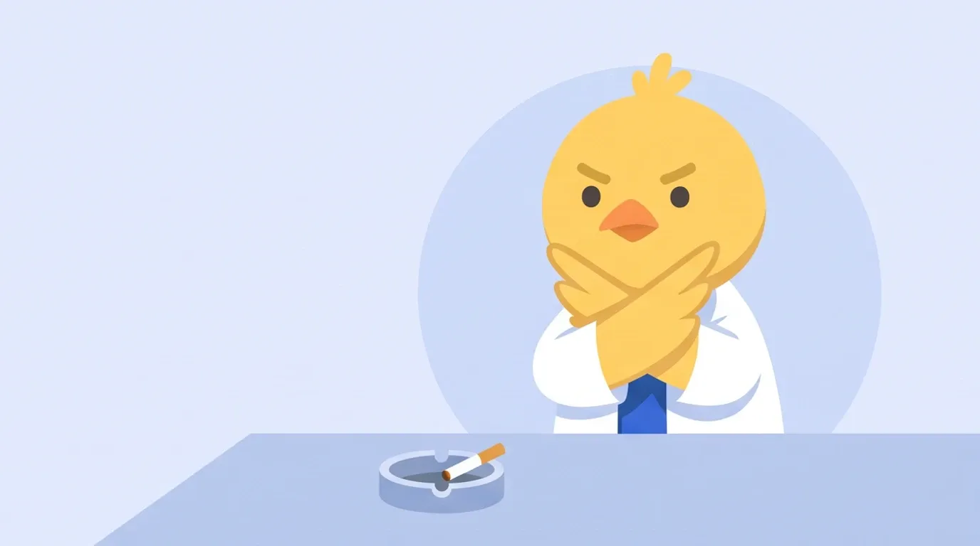 ヒヨコの医師が、灰皿に置かれた火の消えたタバコの前で、両方の翼を交差させて大きなバツ印を作っている