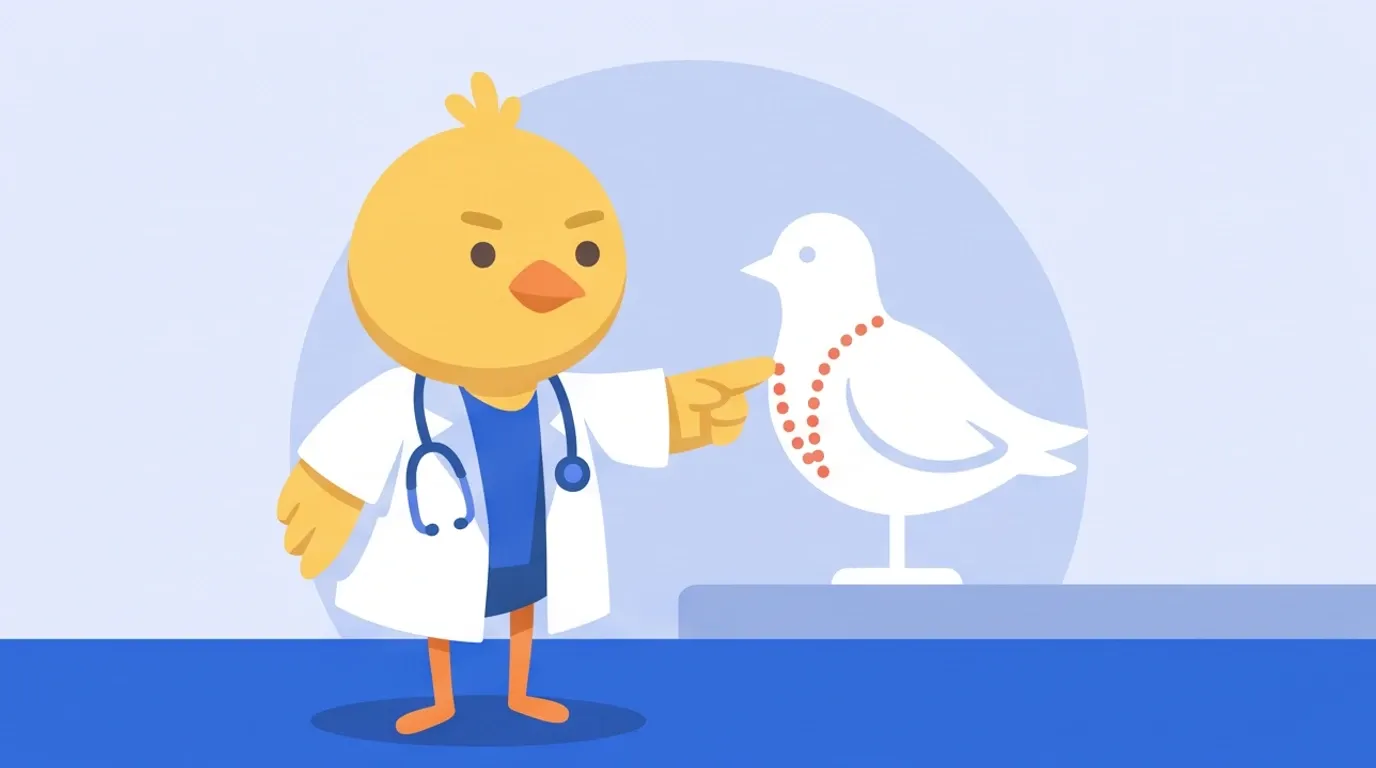 ヒヨコの医師が、白い鳥の形をした模型の背中から胸へ回り込むように並んだ赤い点の帯を指でなぞり、まじめな顔で説明している