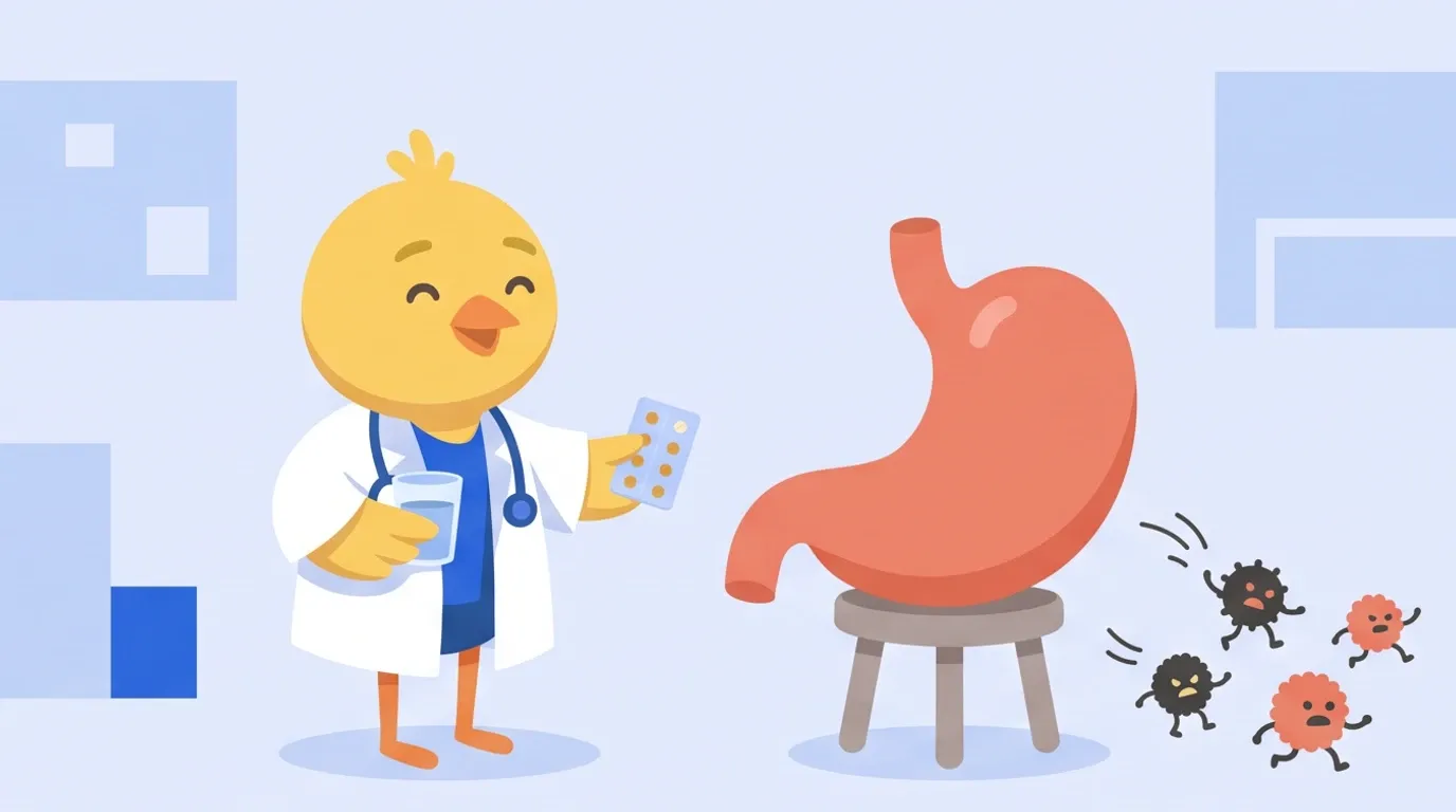 ヒヨコの医師が、錠剤の小袋と水の入ったコップを差し出し、胃の形のクッションから小さな菌の粒が逃げていくのを見てほほえんでいる