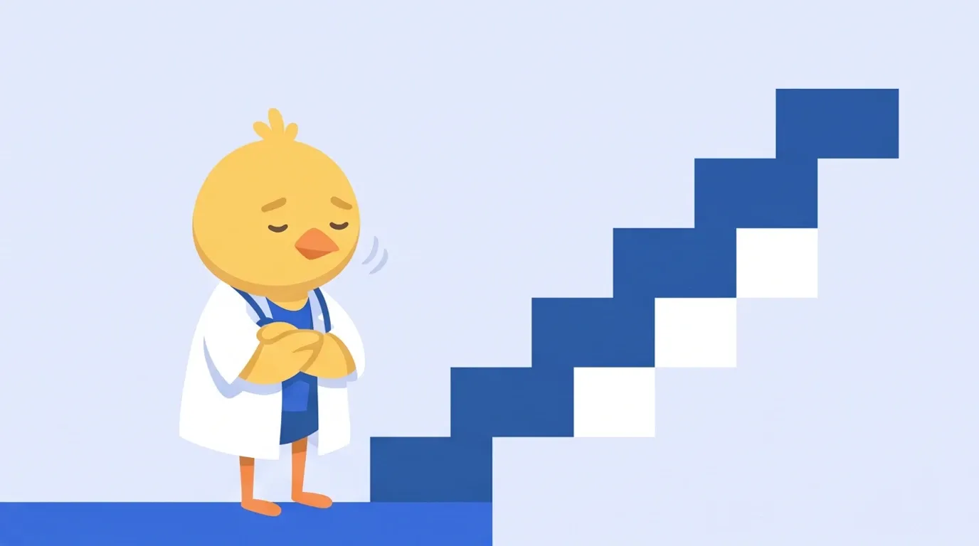 ヒヨコの医師が、どんどん上へ伸びていく階段のふもとで腕を組み、上を見ようともせずに首を横に振っている