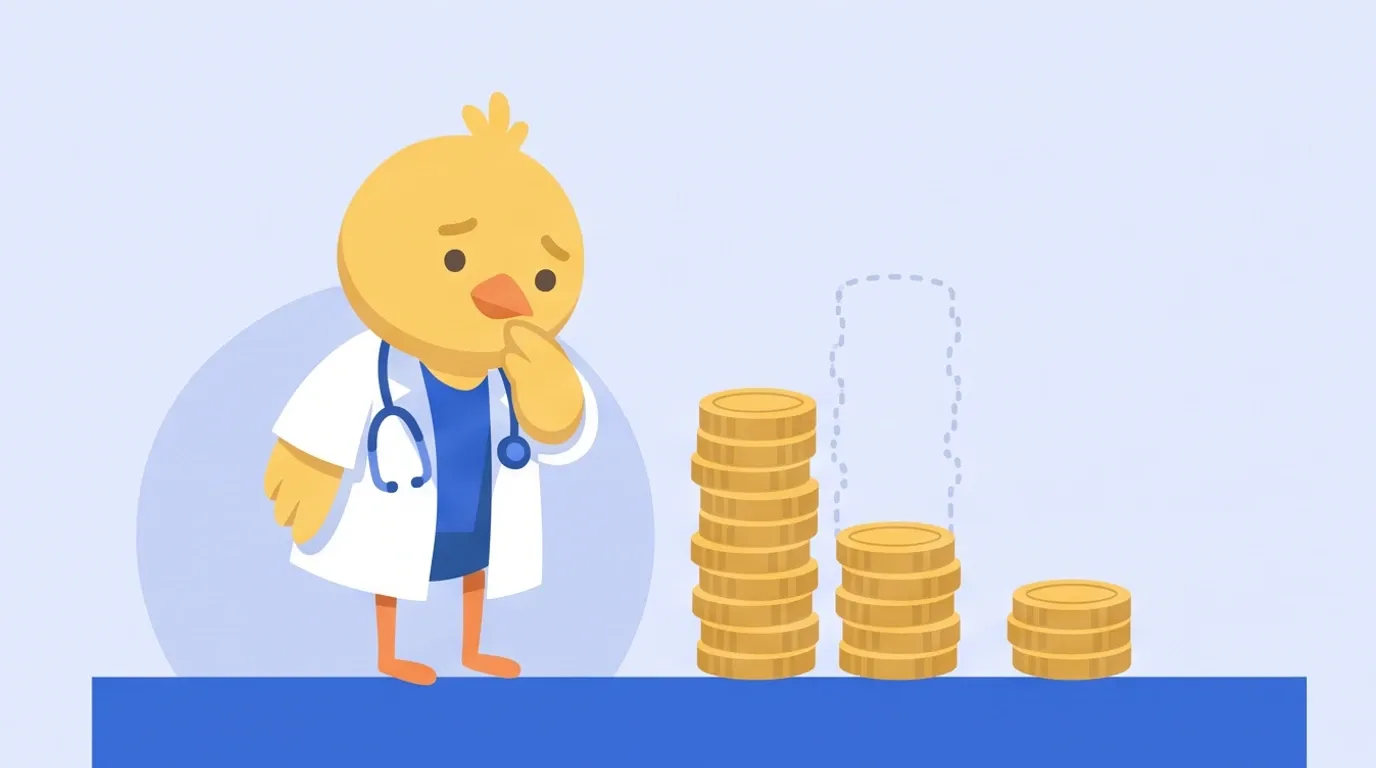 ヒヨコの医師が、半分の高さに減った硬貨の柱の前で、片方の翼で頭を抱えてうなだれている