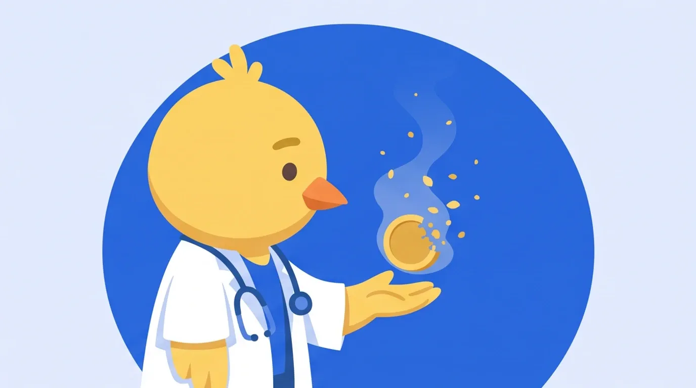 ヒヨコの医師が、手のひらの上でふわりと霞になって消えていく金色の硬貨を、穏やかな顔で見送っている