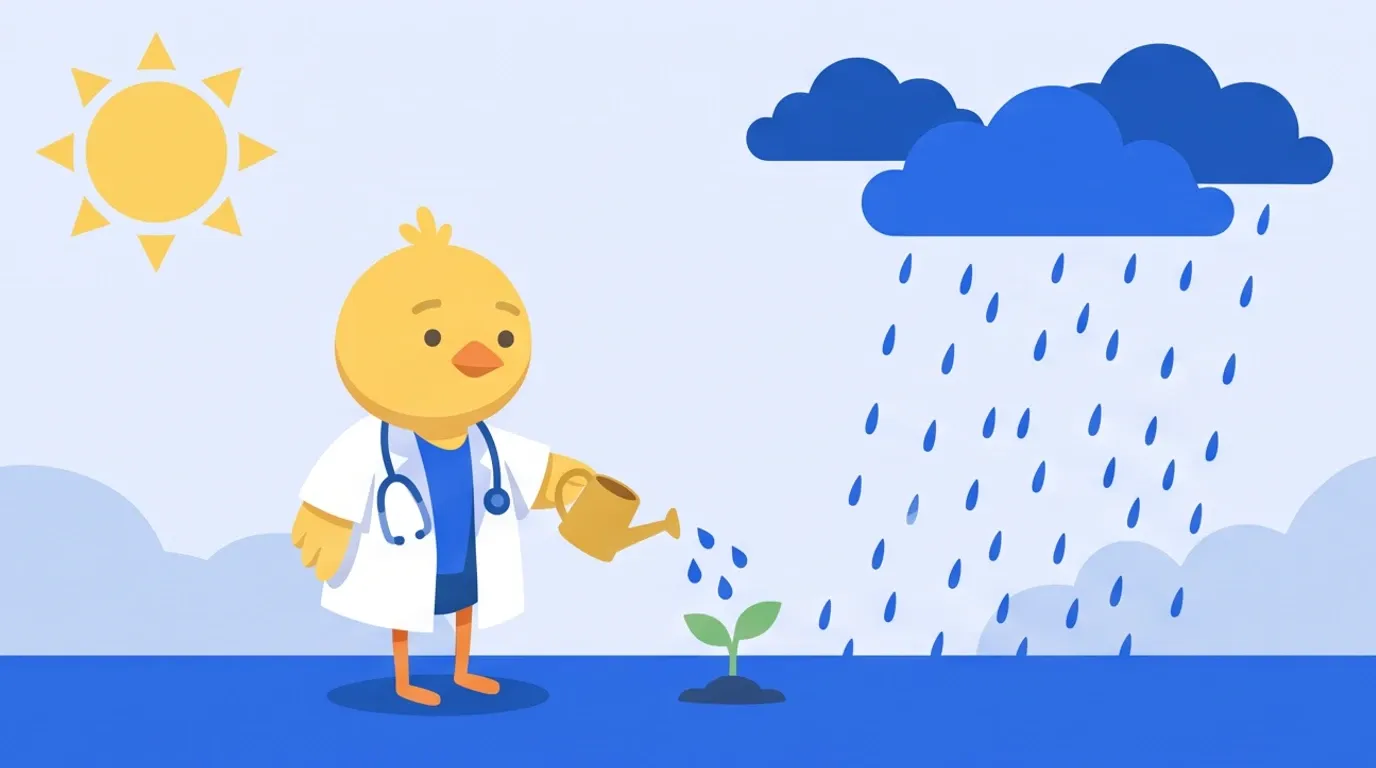 ヒヨコの医師が、晴れ間と雨雲が半分ずつの空の下で、小さな苗木にいつもと同じ量の水をやっている