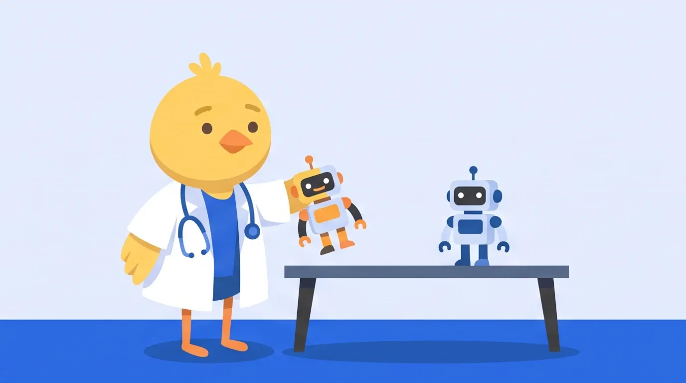 ヒヨコの医師が、机の上の小さなロボットを持ち上げ、色違いの別のロボットとあっさり入れ替えている