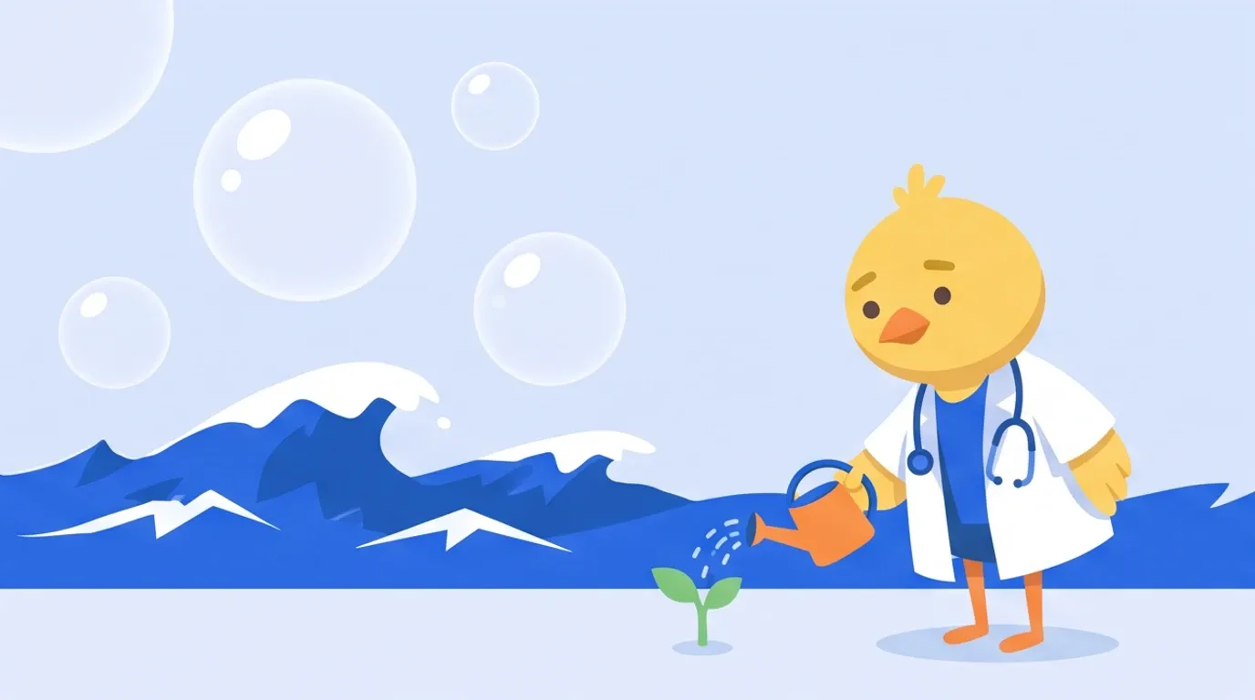 ヒヨコの医師が、空に浮かぶ大きく膨らんだシャボン玉と荒れた波を背にして、気にせず小さな苗木に水をやっている