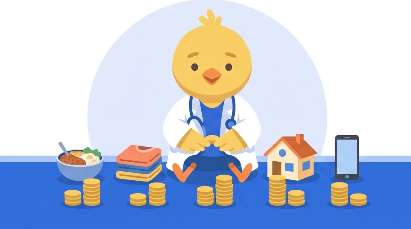 A chick doctor sits on the floor with small models of food, clothes, a house, and a smartphone lined up, stacking coins in front of each to estimate monthly costs