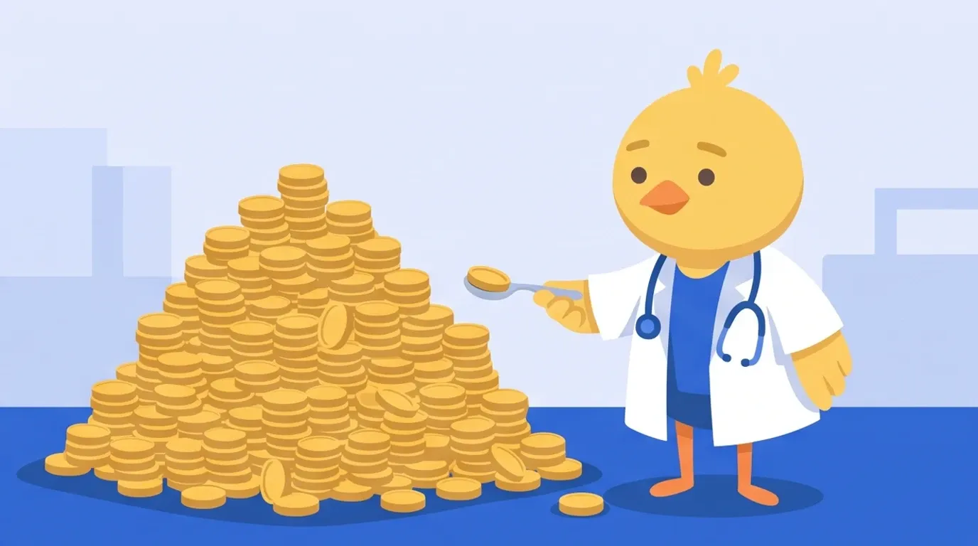 A chick doctor takes just one small spoonful from a large pile of coins and checks that the pile has barely shrunk
